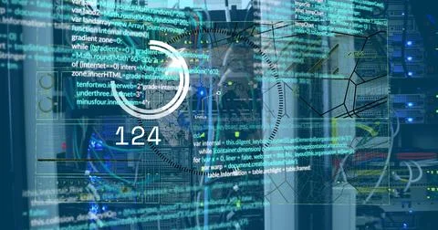 Image of data processing and globe over server room Illustrazione stock