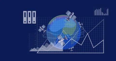 Image of data processing and globe over blue background Illustrazione stock