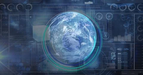 Image of data processing and globe over server room Stockillustratie