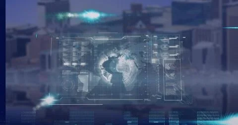 Image of data processing and globe over cityscape Stockillustratie