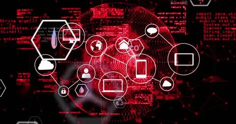 Image of data processing and globe over media icons イラスト素材