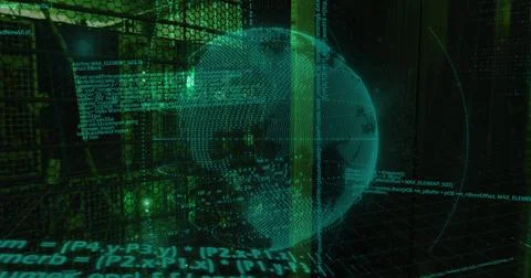 Image of data processing and globe over server room Illustrazione stock