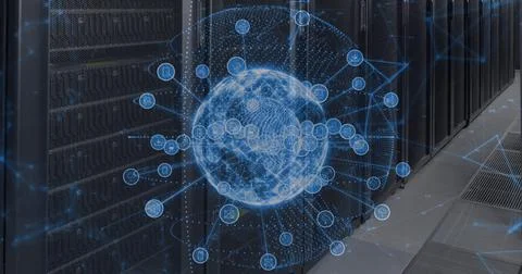 Image of data processing and globe over server room 스톡 일러스트
