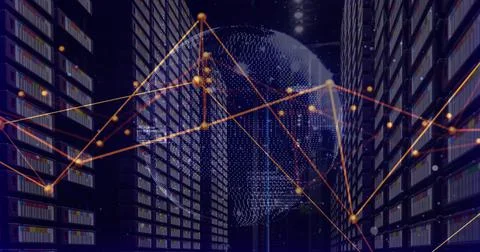 Image of data processing and globe over server room 스톡 일러스트