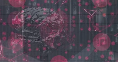 Image of data processing and globe with brain over server room Illustrazione stock
