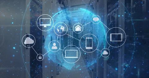 Image of data processing and globe with icons over server room Illustrazione stock