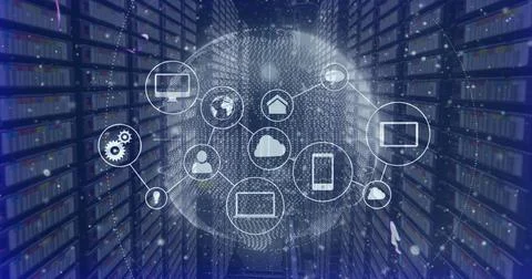 Image of data processing and globe with icons over server room Stockillustratie