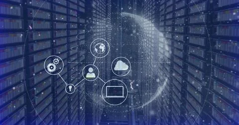 Image of data processing and globe with icons over server room Illustrazione stock
