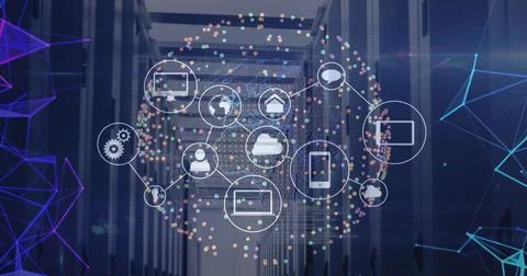 Image of data processing and globe with icons over server room 스톡 일러스트