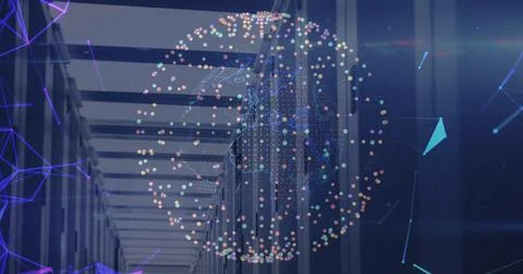 Image of data processing and globe with icons over server room Stock Illustration
