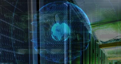 Image of data processing and globe over server room Stock Illustration