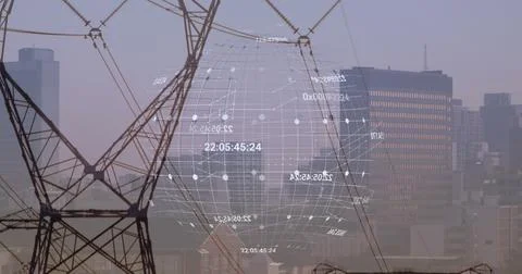Image of data processing and globe over pylons Stockillustratie