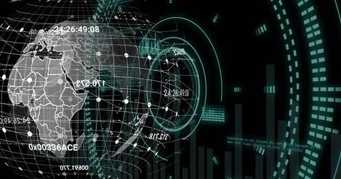 Image of data processing and globe over scopes scanning Illustrazione stock