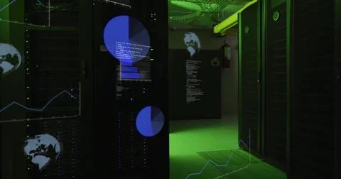 Image of data processing and globe over server room Stock Illustration
