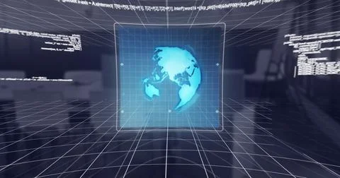 Image of data processing and with globe over office Illustrazione stock