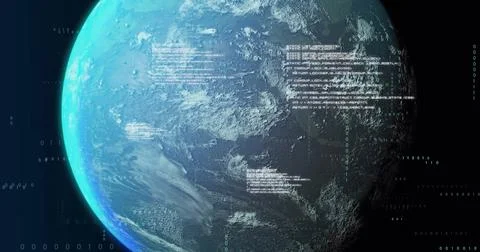 Image of data processing and globe over black background Illustrazione stock