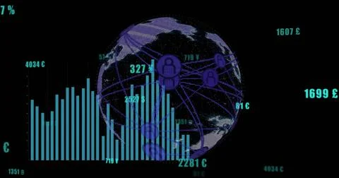 Image of data processing and globe on black background Stockillustratie