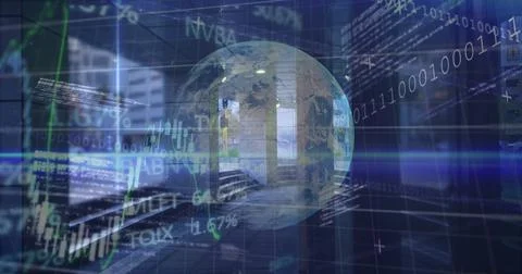 Image of data processing and globe over cityscape Stockillustratie