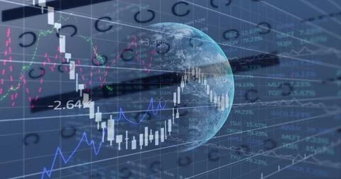 Image of data processing and globe over black background Illustrazione stock