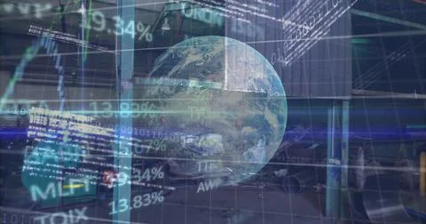 Image of data processing and globe over rubbish dump Illustrazione stock