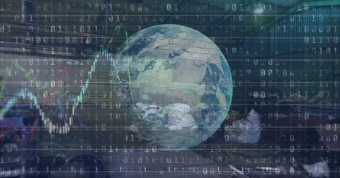 Image of data processing and globe over rubbish dump Stock Illustration