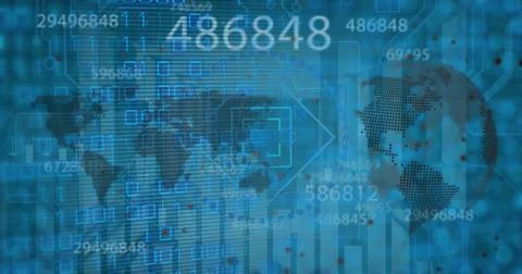 Image of data processing and globe over server room Stock Illustration