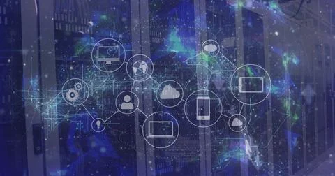 Image of data processing and globe with icons over server room Illustrazione stock