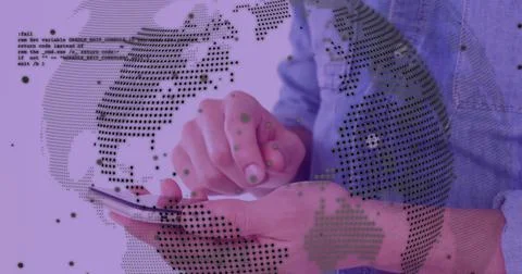 Image of data processing and globe over caucasian man using smartphone 스톡 사진