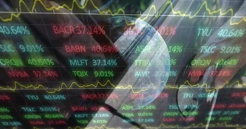 Image of data processing and globe over hand opening car Stock Photos