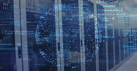 Image of data processing and globe over server room Stockfoto's