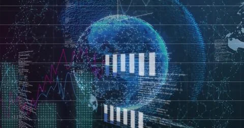 Image of data processing and globe over black background 스톡 사진