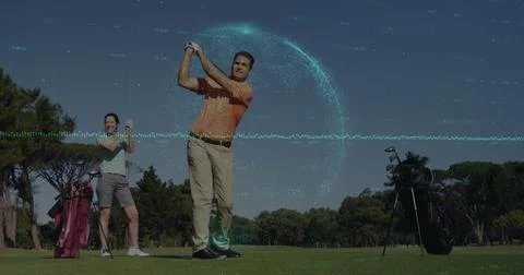 Image of data processing and globe over caucasian man playing golf at the golf 스톡 사진