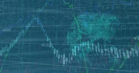 Image of data processing and globe over blue background Stock Photos