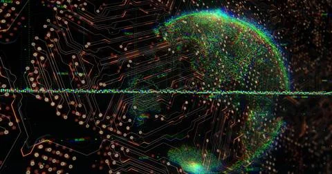 Image of data processing and globe over computer circuit board on black Stock Photos
