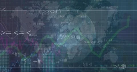 Image of data processing and globe on black background Foto stock