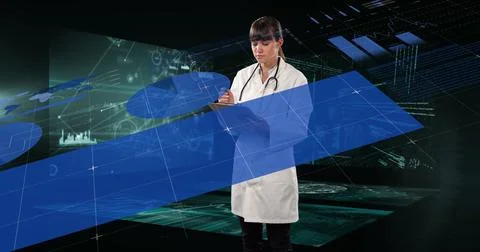 Image of data processing and globe over man using smartphone Stock Photos