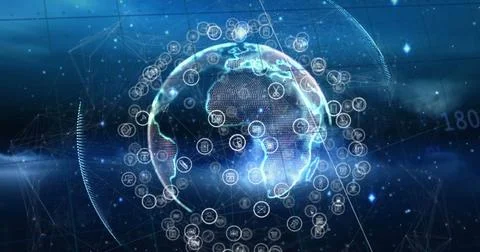 Image of data processing and globe with connections and icons Stock Photos