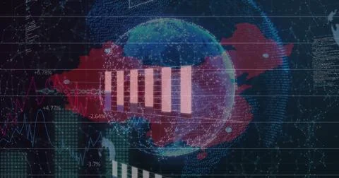 Image of data processing and globe on black background Stockfoto's