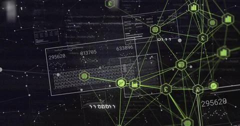 Image of data processing and globe with connections over black background Stock Photos