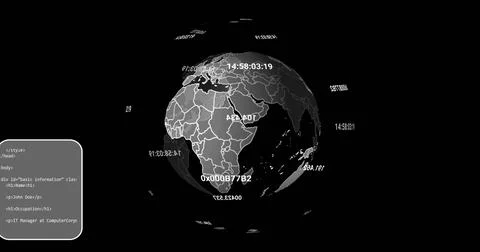 Image of data processing and globe over black background Stock Photos