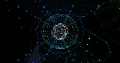 Image of data processing and globe over black background Stock Photos