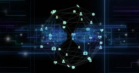 Image of data processing and globe with icons over dark background 스톡 사진