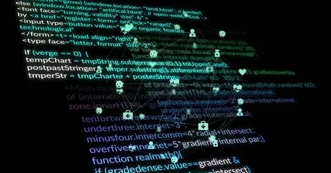 Image of data processing and globe with icons over dark background 스톡 사진