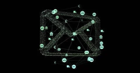 Image of data processing and globe with icons over dark background Stock Photos