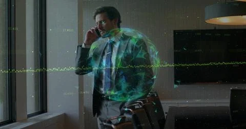 Image of data processing and globe over caucasian man talking on smartphone 스톡 사진
