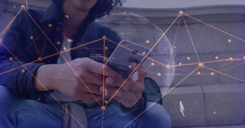 Image of data processing and globe over biracial man using smartphone Stockfoto's