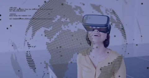 Image of data processing and globe over caucasian businesswoman using vr headset Stock Photos