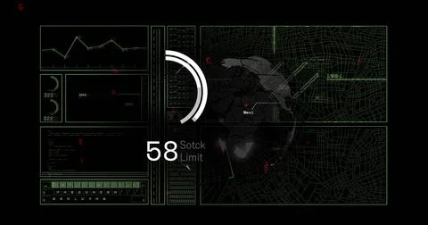 Image of data processing and globe over black background Stock Photos
