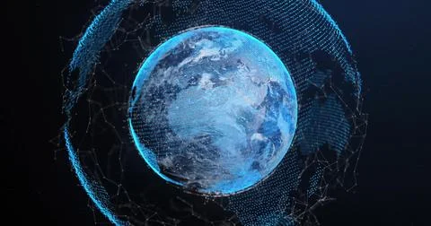 Image of data processing and globe over black background Stockfoto's
