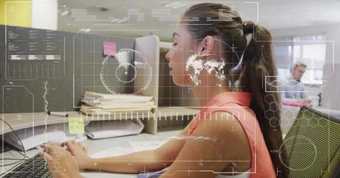 Image of data processing and globe over caucasian businesswoman using computer Foto stock